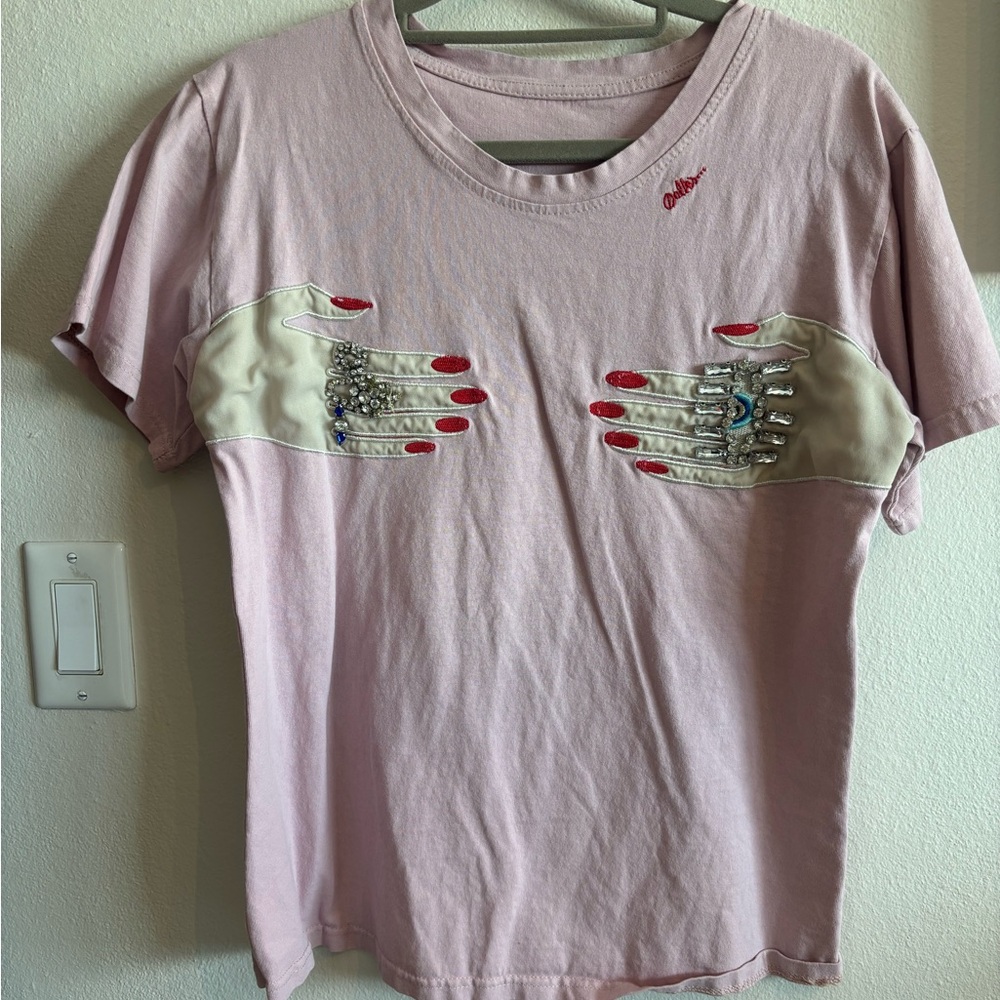 Pink T-Shirt with Embroidered Hands Design